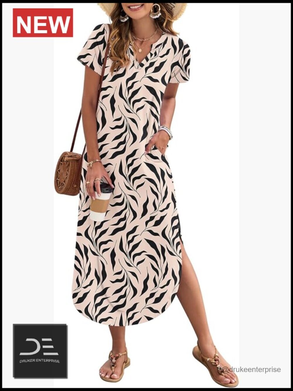 Women's Short Sleeve V Neck Maxi Dress with Pockets